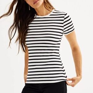 Women's Nine West Black White Ribbed Crewneck Top Short Sleeve T Shirt XXL NEW